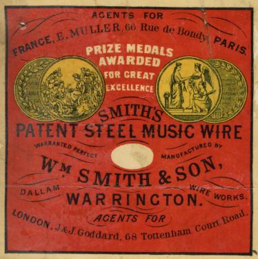 Label for Smith's patent steel music wire, manufactured by Wm. Smith and Son, Dallam Wire Works, Warrington, c.1904