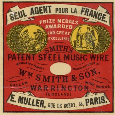 Label for Smith's patent steel music wire, manufactured by Wm. Smith and Son, Dallam Wire Works, Warrington, c.1904