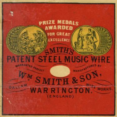 Label for Smith's patent steel music wire, manufactured by Wm. Smith and Son, Dallam Wire Works, Warrington, c.1904