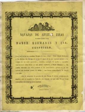 Label (in Spanish) for navajas de afeitar finas [fine razors], Marsh Brothers and Co.[ Ltd.], Ponds [Steel] Works, [Shude Lane], Sheffield