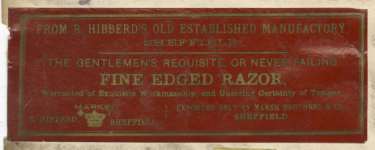 Label for fine edged razor, by R. Hibberd and exported by Marsh Brothers and Co.[ Ltd., Ponds Steel Works, Shude Lane], Sheffield