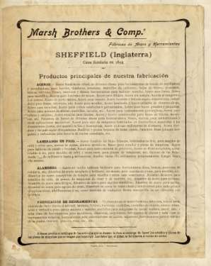 Productos principales de nuestra fabricacion (Spanish) [Main products of our manufacture], Marsh Brothers and Co. [Ltd., steel manufacturers], Ponds Steel Works, [Shude Lane], Sheffield, c.1905