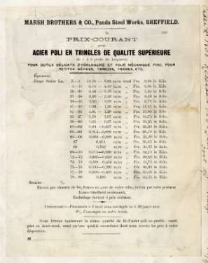 Price list for acier poli en tringles de qualite superieure (French) [polished steel in high quality rods], Marsh Brothers and Co. [Ltd., steel manufacturers], Ponds Steel Works, [Shude Lane], Sheffield, c.1905