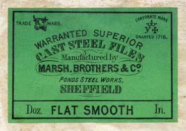 Label for warranted superior cast steel files, flat smooth, manufactured by Marsh Brothers and Co.[Ltd.], steel manufacturers, Ponds Steel Works,[Shude Lane], Sheffield, England, c.1906