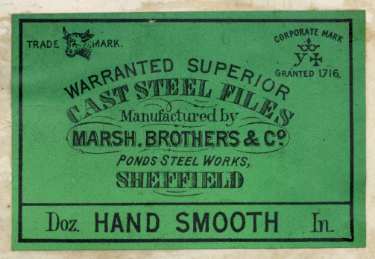 Label for warranted superior cast steel files, hand smooth, manufactured by Marsh Brothers and Co.[Ltd.], steel manufacturers, Ponds Steel Works,[Shude Lane], Sheffield, c.1906