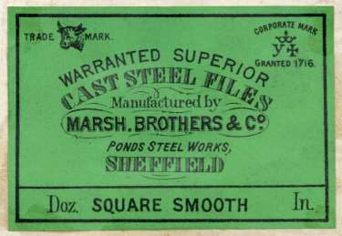 Label for warranted superior cast steel files, square smooth, manufactured by Marsh Brothers and Co.[Ltd.], steel manufacturers, Ponds Steel Works,[Shude Lane], Sheffield, c.1906