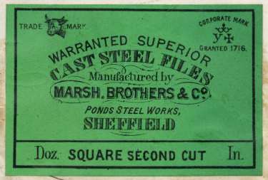 Label for warranted superior cast steel files, square second cut, manufactured by Marsh Brothers and Co.[Ltd.], steel manufacturers, Ponds Steel Works,[Shude Lane], Sheffield, England, c.1906