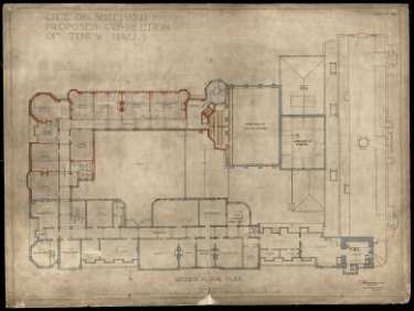Proposed completion of Sheffield Town Hall; plan of second floor showing extension to south east