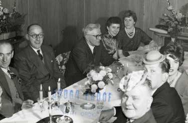 Sanderson Brothers and Newbould, steel manufacturers. Staff Christmas party at Kenwood Hall Hotel (latterly Hotel St. George and Mercure Sheffield Kenwood Hall and Spa), Kenwood Road, Nether Edge