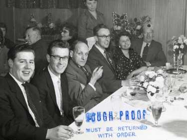 Sanderson Brothers and Newbould, steel manufacturers. Staff Christmas party at Kenwood Hall Hotel (latterly Hotel St. George and Mercure Sheffield Kenwood Hall and Spa), Kenwood Road, Nether Edge