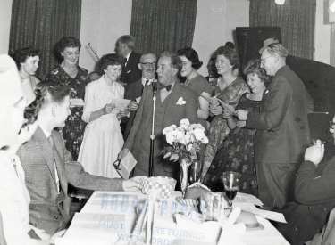 Sanderson Brothers and Newbould, steel manufacturers. Staff Christmas party at Kenwood Hall Hotel (latterly Hotel St. George and Mercure Sheffield Kenwood Hall and Spa), Kenwood Road, Nether Edge