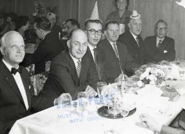 Sanderson Brothers and Newbould, steel manufacturers. Staff Christmas party at Kenwood Hall Hotel (latterly Hotel St. George and Mercure Sheffield Kenwood Hall and Spa), Kenwood Road, Nether Edge