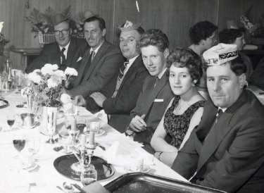 Sanderson Brothers and Newbould, steel manufacturers. Staff Christmas party at Kenwood Hall Hotel (latterly Hotel St. George and Mercure Sheffield Kenwood Hall and Spa), Kenwood Road, Nether Edge