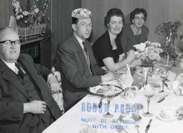 Sanderson Brothers and Newbould, steel manufacturers. Staff Christmas party at Kenwood Hall Hotel (latterly Hotel St. George and Mercure Sheffield Kenwood Hall and Spa), Kenwood Road, Nether Edge