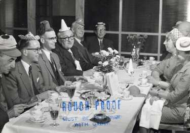 Sanderson Brothers and Newbould, steel manufacturers. Staff Christmas party at Kenwood Hall Hotel (latterly Hotel St. George and Mercure Sheffield Kenwood Hall and Spa), Kenwood Road, Nether Edge