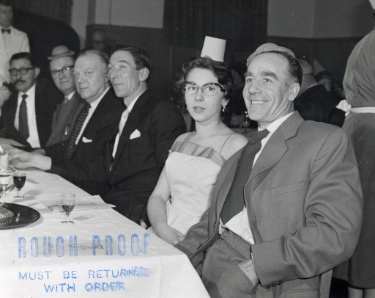 Sanderson Brothers and Newbould, steel manufacturers. Staff Christmas party at Kenwood Hall Hotel (latterly Hotel St. George and Mercure Sheffield Kenwood Hall and Spa), Kenwood Road, Nether Edge