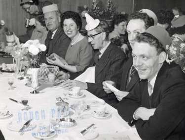 Sanderson Brothers and Newbould, steel manufacturers. Staff Christmas party at Kenwood Hall Hotel (latterly Hotel St. George and Mercure Sheffield Kenwood Hall and Spa), Kenwood Road, Nether Edge