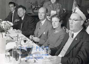 Sanderson Brothers and Newbould, steel manufacturers. Staff Christmas party at Kenwood Hall Hotel (latterly Hotel St. George and Mercure Sheffield Kenwood Hall and Spa), Kenwood Road, Nether Edge