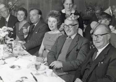 Sanderson Brothers and Newbould, steel manufacturers. Staff Christmas party at Kenwood Hall Hotel (latterly Hotel St. George and Mercure Sheffield Kenwood Hall and Spa), Kenwood Road, Nether Edge