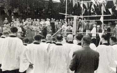 Laying of foundation stone by Mrs Norah Boot JP and outdoor ceremony for new Parish Hall, All Saints C. of E. Church, Ecclesall Road South