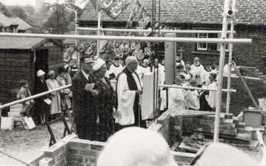Laying of foundation stone by Mrs Norah Boot JP and outdoor ceremony for new Parish Hall, All Saints C. of E. Church, Ecclesall Road South