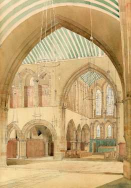 Watercolour by Temple Moore (1856-1920) of interior of  All Saints C. of E. Church, Ecclesall Road South