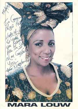 Signed photograph of Mara Louw (South African singer) given to Councillor Mike Pye, Sheffield on the occasion of Nelson Mandela&rsquo;s visit to Glasgow