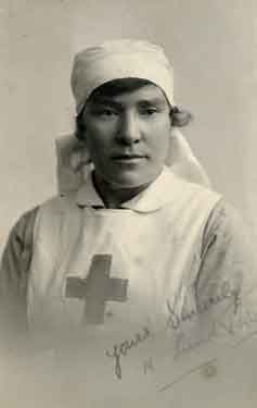 Nurse Lund [possibly Nellie Lund], Voluntary Aid Detachment, British Red Cross worked at the Firshill Military Hospital'