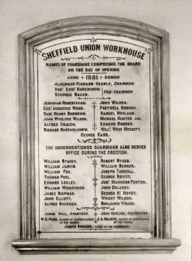 Commemorative plaque, 1881, to the erection of the Sheffield Union Workhouse, (latterly the City General Hospital and the Northern General Hospital), Fir Vale