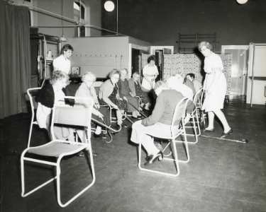 Competitive game of hockey, Physiotherapy Department, City General Hospital (later the Northern General Hospital), Fir Vale, c.1950s