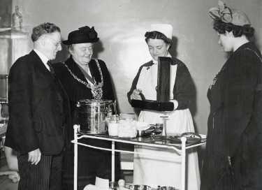 Inspection tour at the opening of the hospital HMC [Hospital Management Committee] showing (2nd left) Lord Mayor and chairman of the HMC, Alderman Grace Tebbutt, City General Hospital (later the Northern General Hospital), Fir Vale, c.1949 - 1950