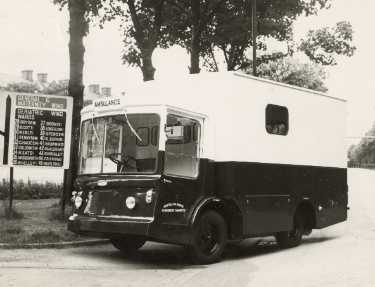 Internal hospital transport ambulance No. 3 at the bottom of the drive, City General Hospital (later known as Northern General Hospital), Fir Vale, late 1960s