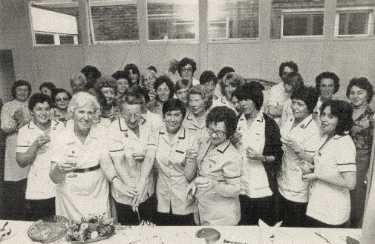 Staff celebrating the 21st anniversary of the opening of the Physiotherapy Department, Northern General Hospital, Fir Vale, c.1970s