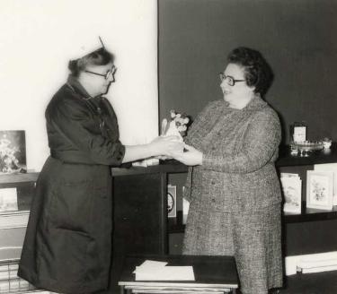 Retirement of Sister Gwendoline Nixon with (right) Miss Bronx, Assistant Matron, Northern General Hospital, Fir Vale