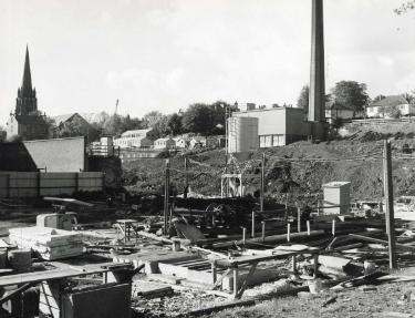 Construction of new Royal Hallamshire Hospital, Glossop Road showing (top left) St. Mark C. of E. Church, Broomfield Road