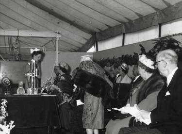 Elizabeth, Queen Mother talking to staff at the laying of the foundation stone for the new teaching hospital (Royal Hallamshire Hospital), Glossop Road