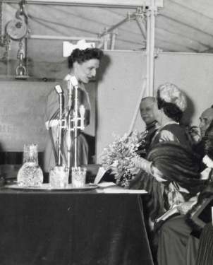 Elizabeth, Queen Mother talking to staff at the laying of the foundation stone for the new teaching hospital (Royal Hallamshire Hospital), Glossop Road 