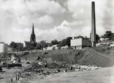 Construction work on site of new teaching hospital, (Royal Hallamshire Hospital), Glossop Road showing (top left) St. Mark C. of E. Church, Broomfield Road