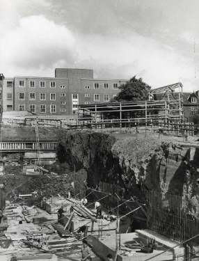 Construction work on site of new teaching hospital, (Royal Hallamshire Hospital), Glossop Road showing (top left) St. Mark C. of E. Church, Broomfield Road