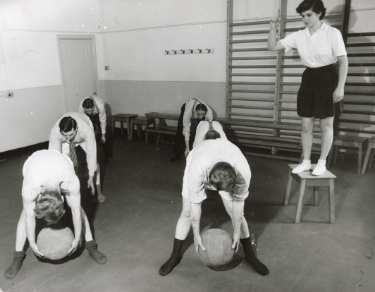 Stretching exercises, probably School of Physiotherapy, Westbourne [House], Collegiate Crescent