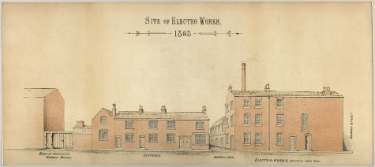 Architects drawing of the site of Electro Works, Norfolk Lane end, junction of Howard Lane and Howard Street showing (left) Joseph Hadfield, marble chimney piece manufacturer etc., Marble Works