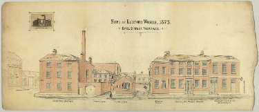 Architects drawing of the site of Electro Works, Eyre Street frontage, junction of Howard Lane and Howard Street showing (right) Joseph Hadfield, marble chimney piece manufacturer etc., Marble Works and Edward Gem and Co., merchants