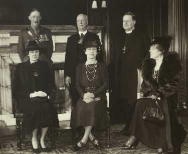 Royal visit of HRH [Mary] The Princess Royal, Town Hall, Pinstone Street showing (standing centre) Lord Mayor, Alderman W. J. Hunter J.P., (sitting 1st left) Lady Mayoress, Miss Hunter