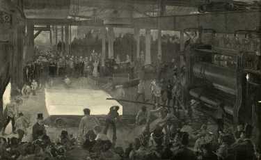 Queen Victoria's visit to Sheffield: witnessing the rolling of an armour plate at Messrs. Cammell's Works