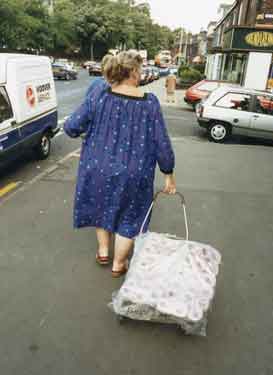 Shopper on Abbeydale Road approaching junction with Windermere Road