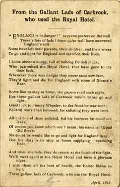 Poem entitled 'From the Gallant Lads of Carbrook who used the Royal Hotel'
