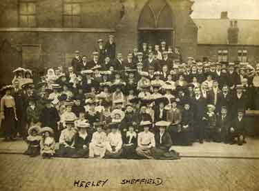 Group outside St. Peter's Mission Free Church (latterly Church of the Nazarene), Fitzroy Road, Heeley
