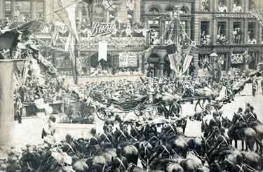 High Street at junction with Fargate, royal visit of King Edward VII and Queen Alexandra