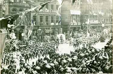 Fargate at junction with High Street, royal visit of King Edward VII and Queen Alexandra