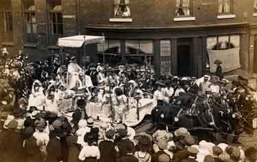 Religious procession [possibly connected to Catholic Apostolic Church, Victoria Street] at the junction of (left) Hereford Street and (right) Mary Street